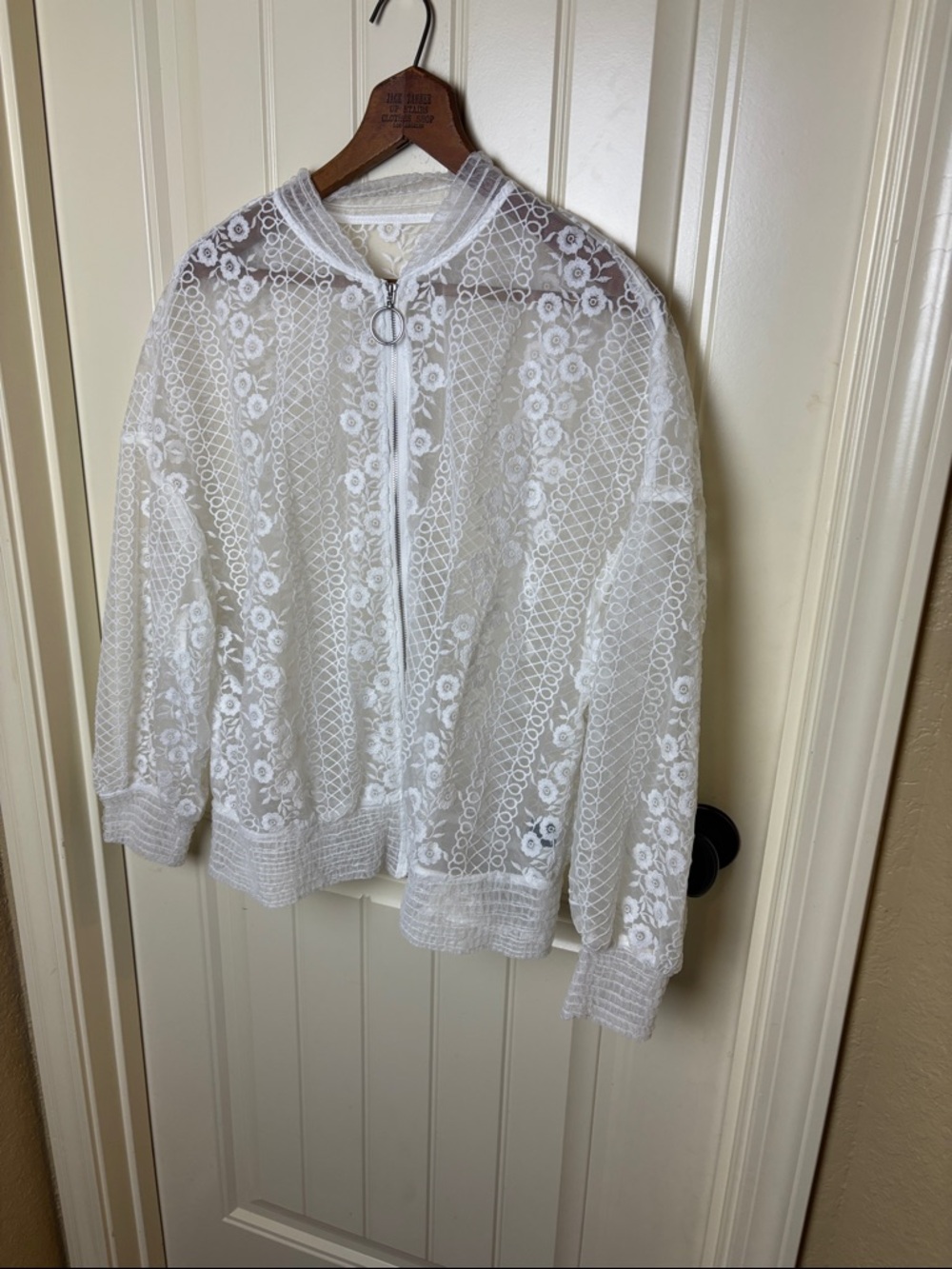 SHEIN White Sheer Floral Lace Bomber Jacket with Ring Zip